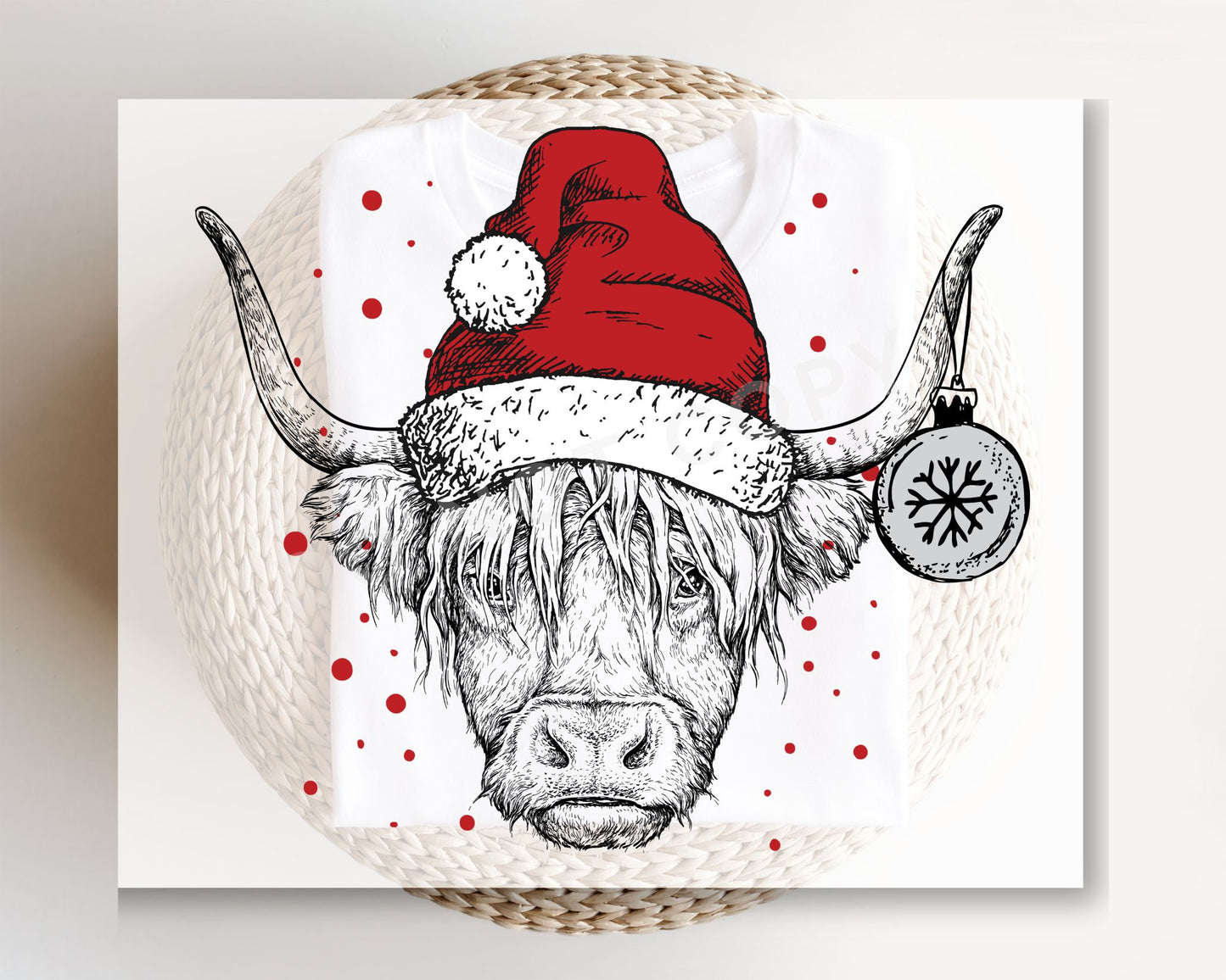 DTF Transfers, Ready to Press, T-shirt Transfers, Heat Transfer, Direct to Film, Holiday, Santa Hat, Christmas Highland Cow
