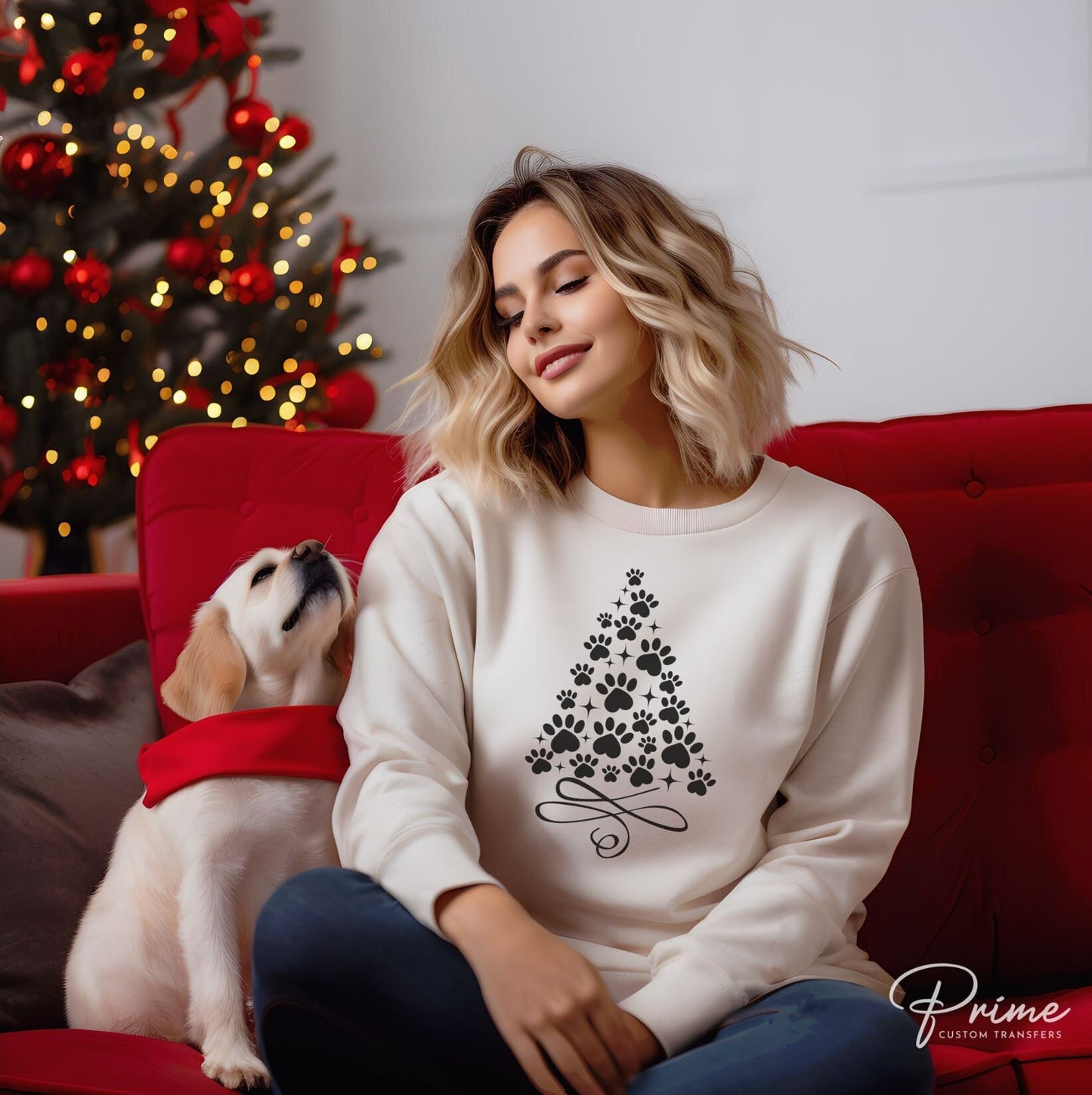 DTF Transfers, Ready to Press, T-shirt Transfers, Heat Transfer, Direct to Film, Holiday, Dog, Cat, Pet, Paw Christmas Tree - Black