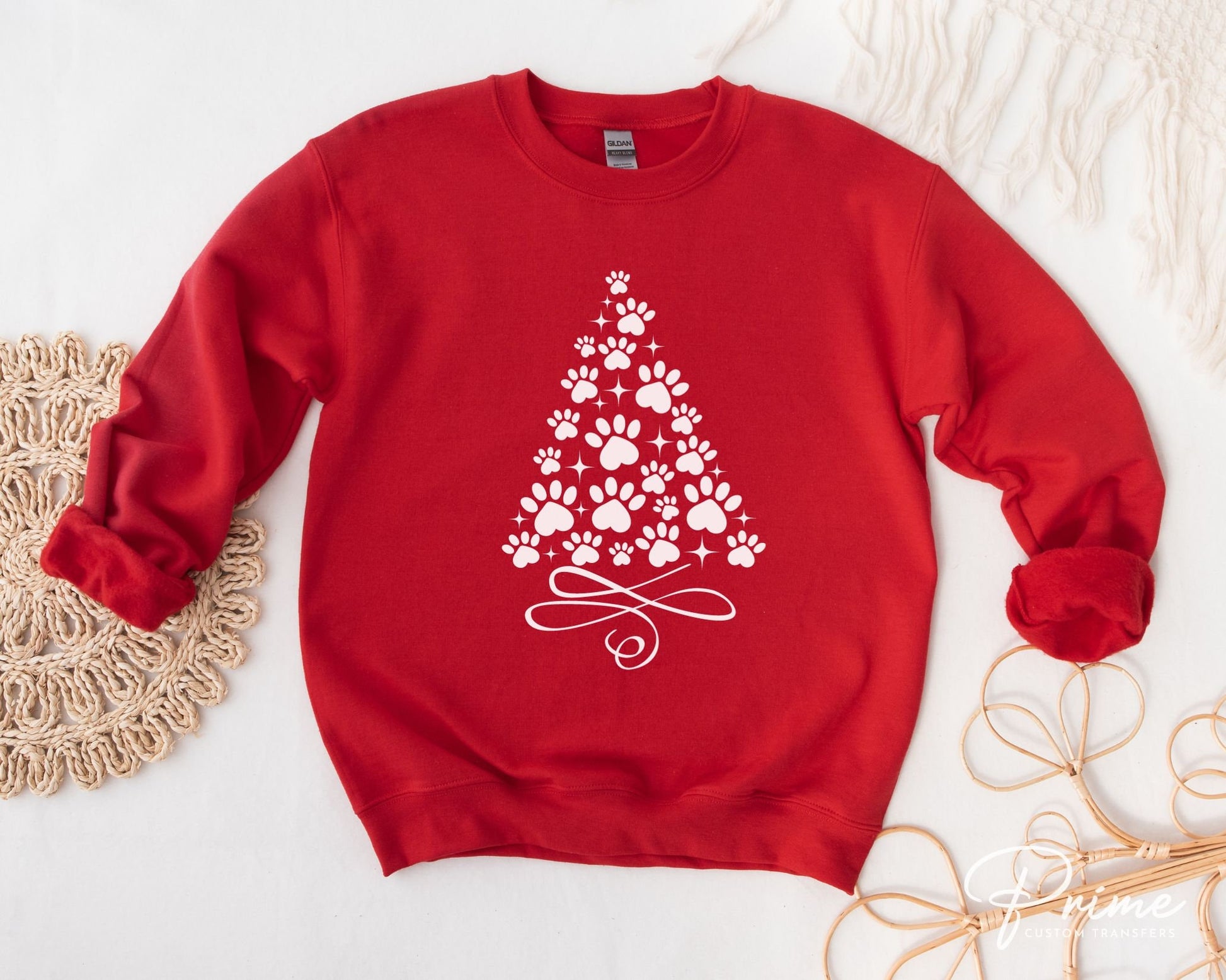 DTF Transfers, Ready to Press, T-shirt Transfers, Heat Transfer, Direct to Film, Holiday, Dog, Cat, Pet, Paw Christmas Tree - White