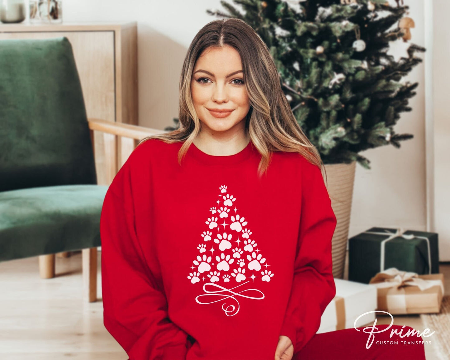 DTF Transfers, Ready to Press, T-shirt Transfers, Heat Transfer, Direct to Film, Holiday, Dog, Cat, Pet, Paw Christmas Tree - White