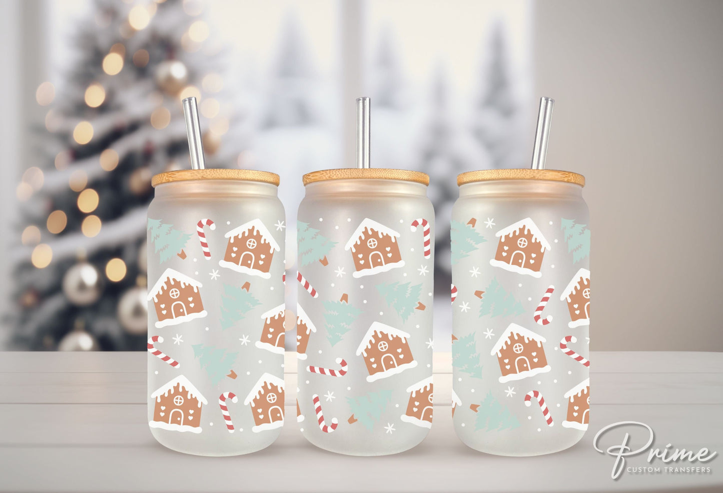 Christmas UV DTF Libbey 16oz Cup Wrap Sticker, Ready to Ship, rts, Direct to Film, Glass Can, Permanent, Baking, Winter Gingerbread House