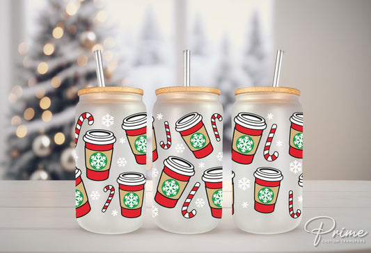 Christmas UV DTF Libbey 16oz Cup Wrap Sticker, Ready to Apply, No Heat, Permanent Adhesive, Glass Can, Holidays, Hot Cocoa, Cup, Coffee