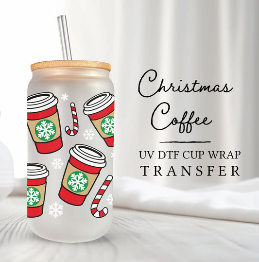 Christmas UV DTF Libbey 16oz Cup Wrap Sticker, Ready to Apply, No Heat, Permanent Adhesive, Glass Can, Holidays, Hot Cocoa, Cup, Coffee