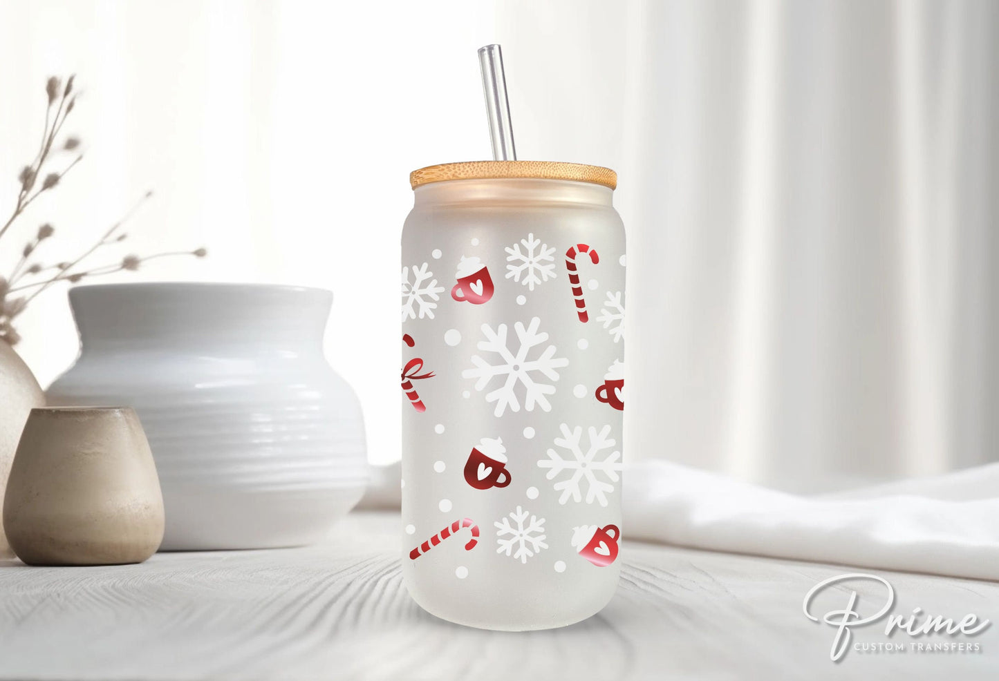 Christmas UV DTF Libbey 16oz Cup Wrap Sticker, Ready to Apply, No Heat, Permanent Adhesive, Glass Can, Hot Cocoa, Snowflakes, Candy Snow