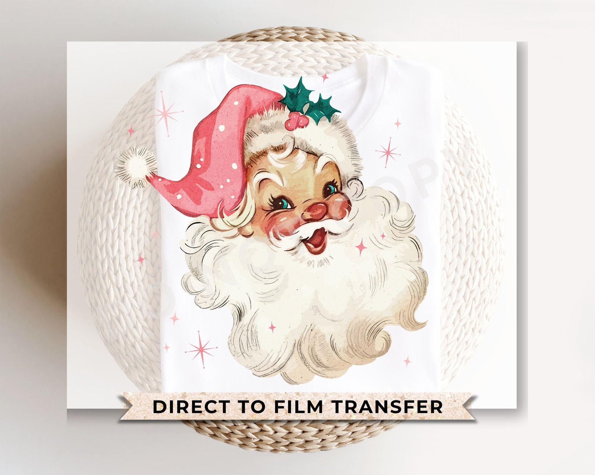 DTF Transfers, Ready to Press, T-shirt Transfers, Heat Transfer, Direct to Film, Christmas, Holiday, Cute, Vintage Pink Vintage Santa Claus