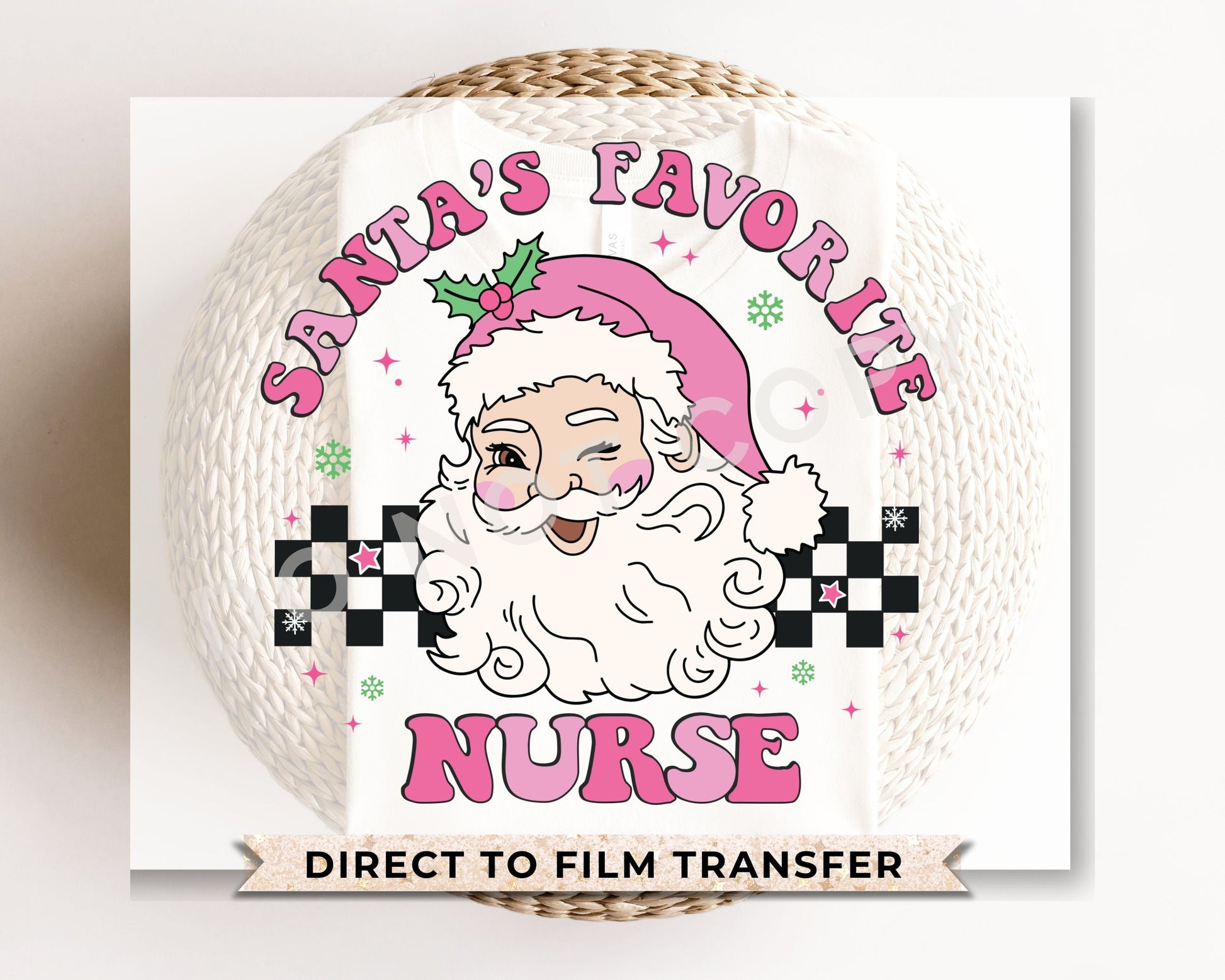 DTF Transfers, Ready to Press, T-shirt Transfers, Heat Transfer, Direct to Film, Hospital, Medical, Pink, Checkered, Santa's Favorite Nurse