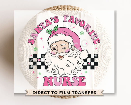 DTF Transfers, Ready to Press, T-shirt Transfers, Heat Transfer, Direct to Film, Hospital, Medical, Pink, Checkered, Santa's Favorite Nurse