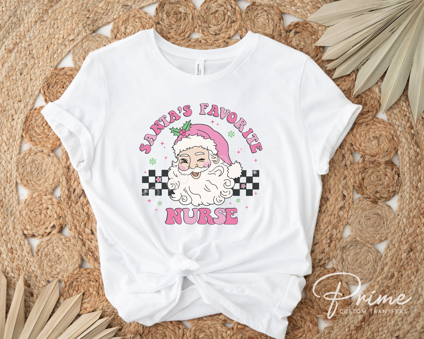 DTF Transfers, Ready to Press, T-shirt Transfers, Heat Transfer, Direct to Film, Hospital, Medical, Pink, Checkered, Santa's Favorite Nurse