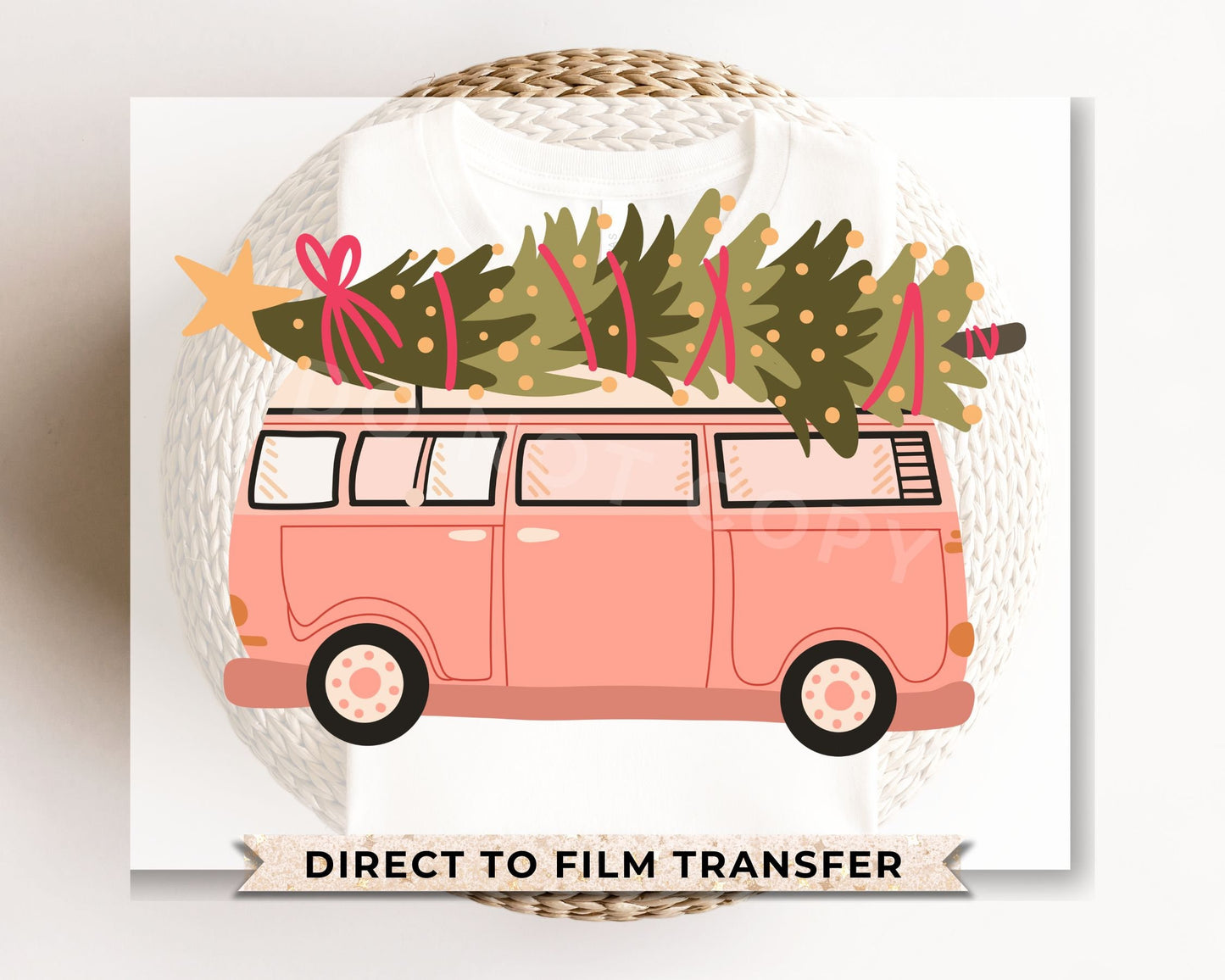 DTF Transfers, Ready to Press, T-shirt Transfers, Heat Transfer, Direct to Film, Watercolor, Tree, Groovy, Girlie, Retro Pink Christmas Van