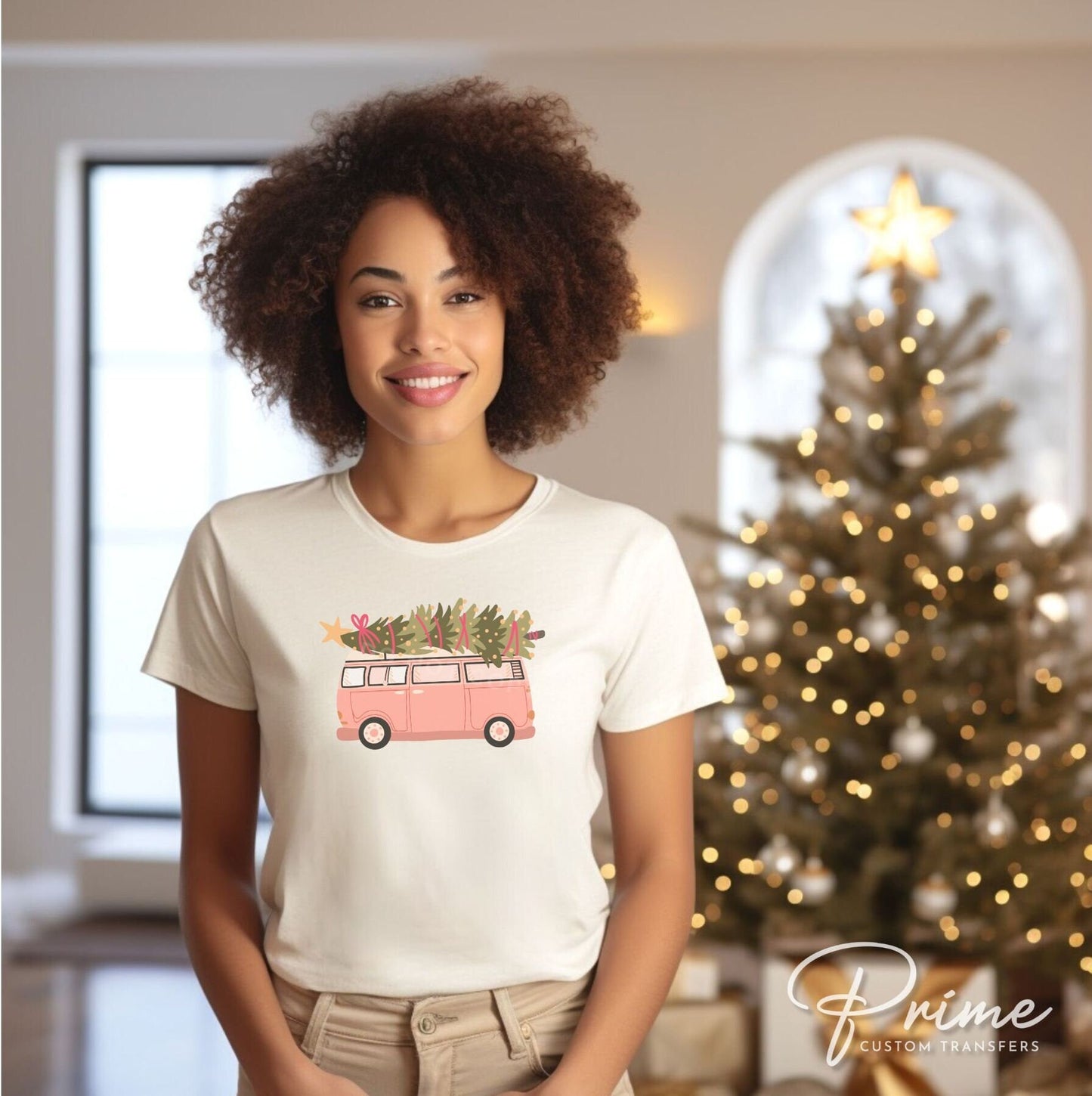 DTF Transfers, Ready to Press, T-shirt Transfers, Heat Transfer, Direct to Film, Watercolor, Tree, Groovy, Girlie, Retro Pink Christmas Van