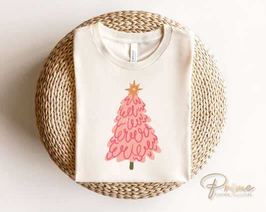 DTF Transfers, Ready to Press, T-shirt Transfers, Heat Transfer, Direct to Film, Watercolor, Girlie, Cute, Doodle Pink Christmas Tree
