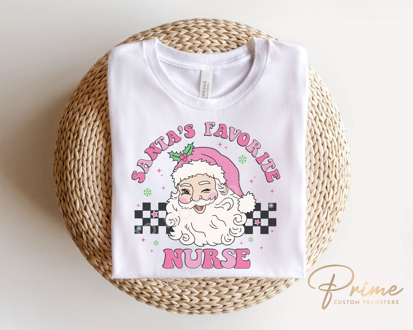 DTF Transfers, Ready to Press, T-shirt Transfers, Heat Transfer, Direct to Film, Hospital, Medical, Pink, Checkered, Santa's Favorite Nurse