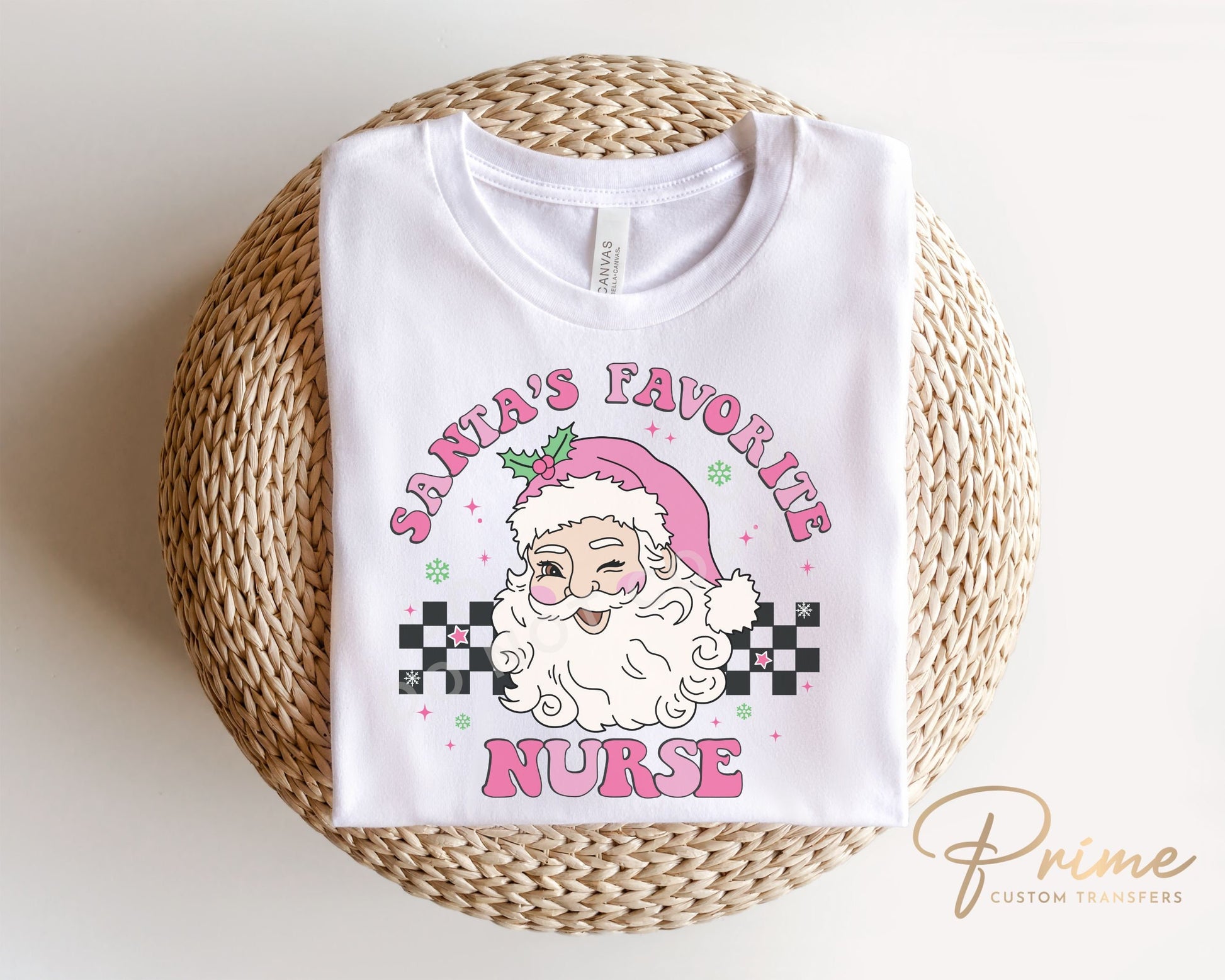 DTF Transfers, Ready to Press, T-shirt Transfers, Heat Transfer, Direct to Film, Hospital, Medical, Pink, Checkered, Santa's Favorite Nurse