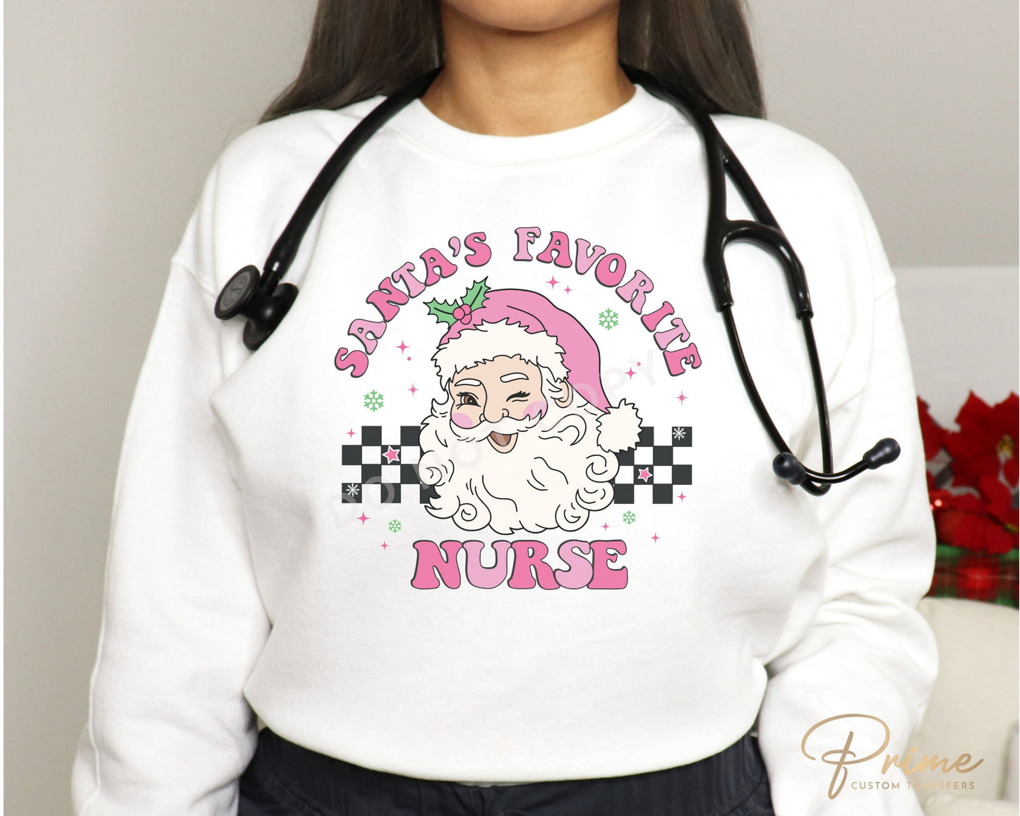 DTF Transfers, Ready to Press, T-shirt Transfers, Heat Transfer, Direct to Film, Hospital, Medical, Pink, Checkered, Santa's Favorite Nurse