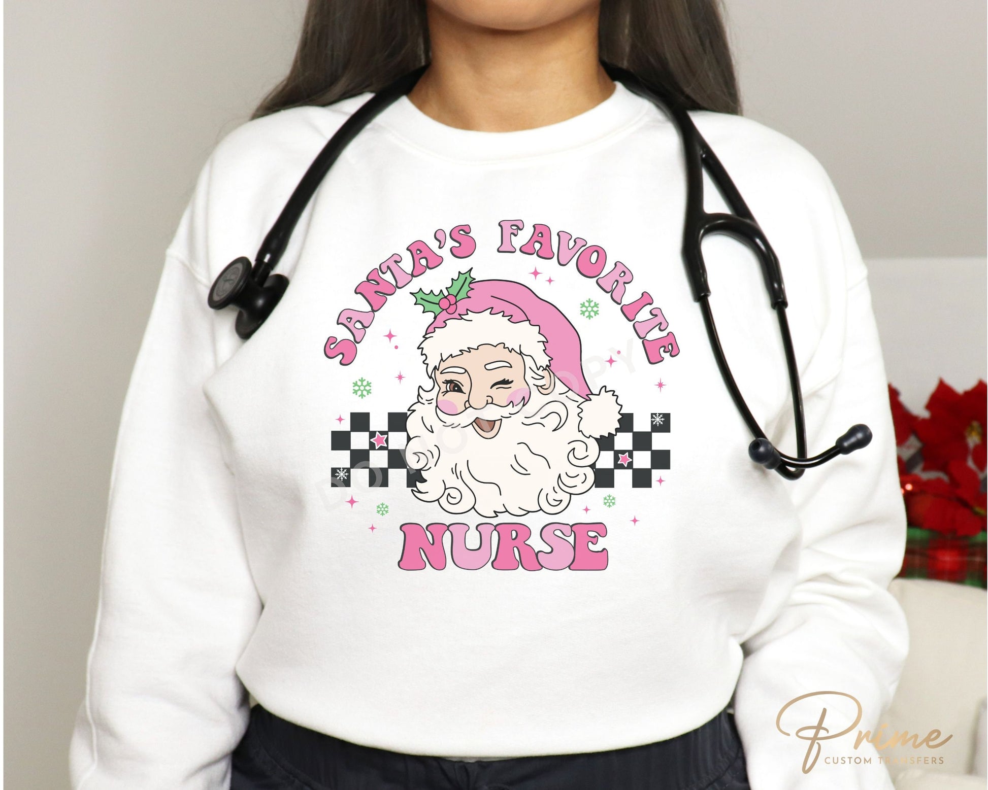 DTF Transfers, Ready to Press, T-shirt Transfers, Heat Transfer, Direct to Film, Hospital, Medical, Pink, Checkered, Santa's Favorite Nurse