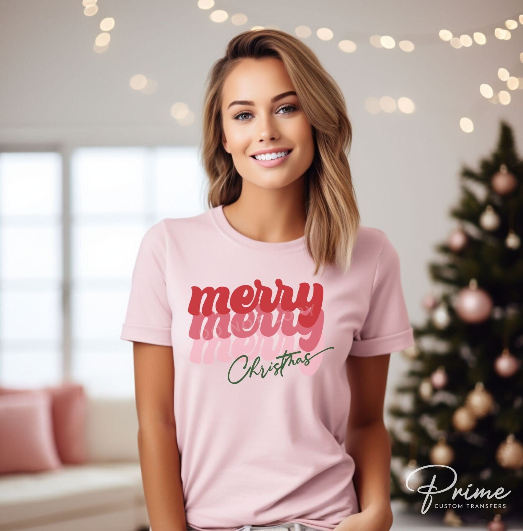 DTF Transfers, Ready to Press, T-shirt Transfers, Heat Transfer, Direct to Film, Holiday, Pink, Cute, Stacked, Retro Merry Christmas