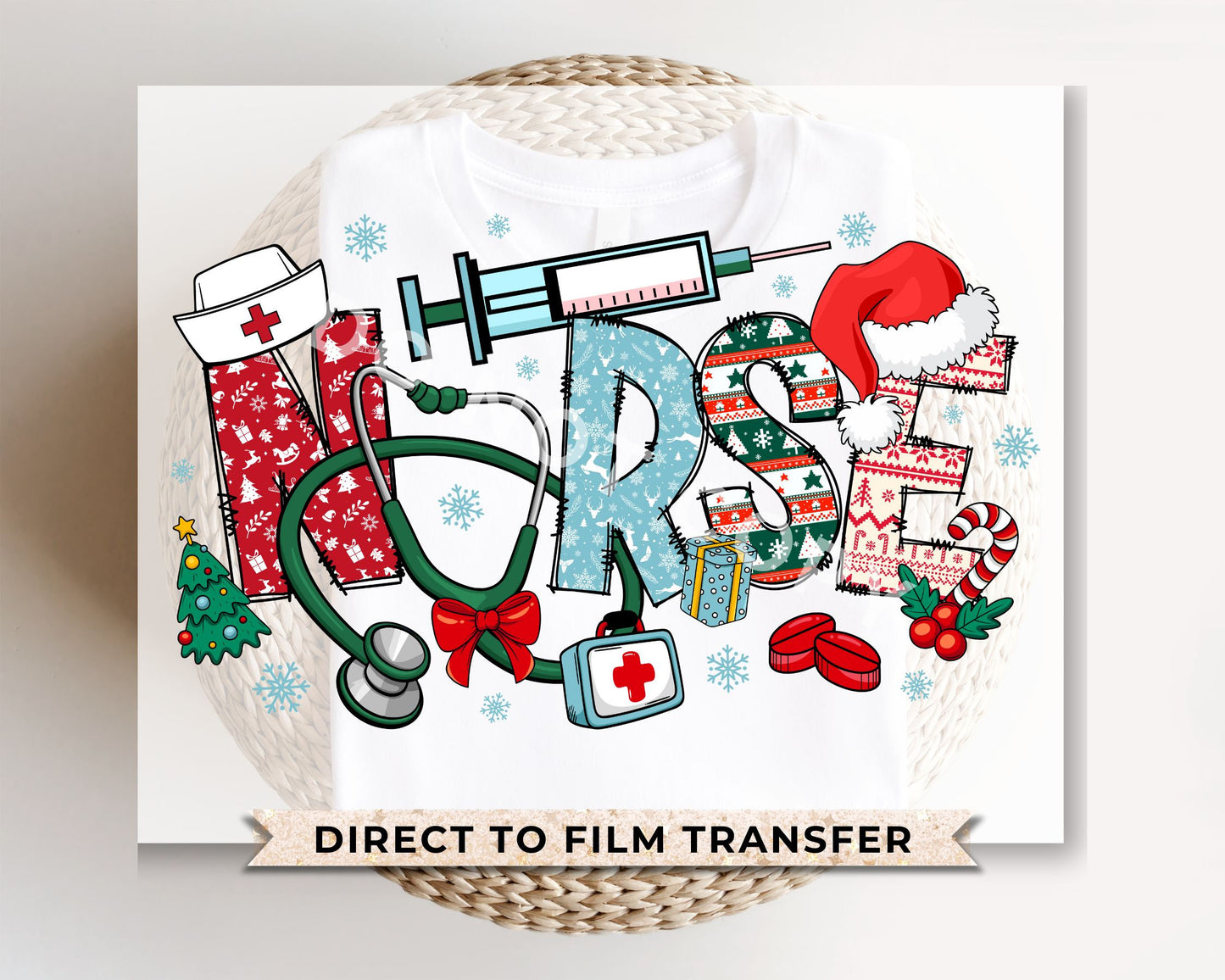 DTF Transfers, Ready to Press, T-shirt Transfers, Heat Transfer, Direct to Film, Hospital, Stethoscope, Holiday, Santa, Christmas, Nurse