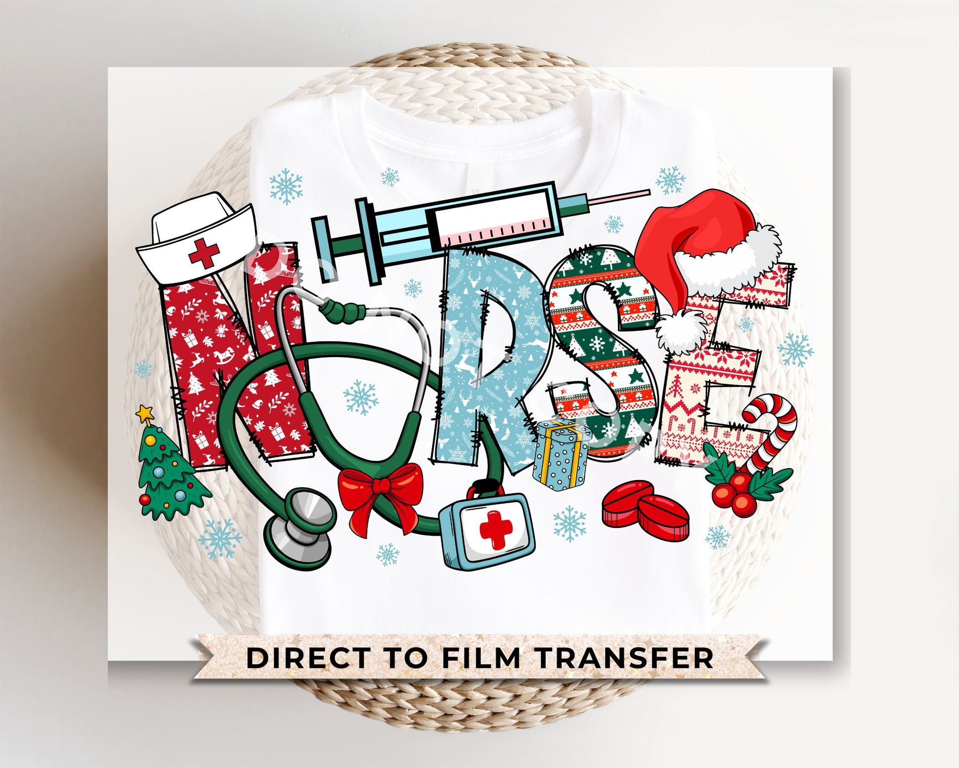 DTF Transfers, Ready to Press, T-shirt Transfers, Heat Transfer, Direct to Film, Hospital, Stethoscope, Holiday, Santa, Christmas, Nurse