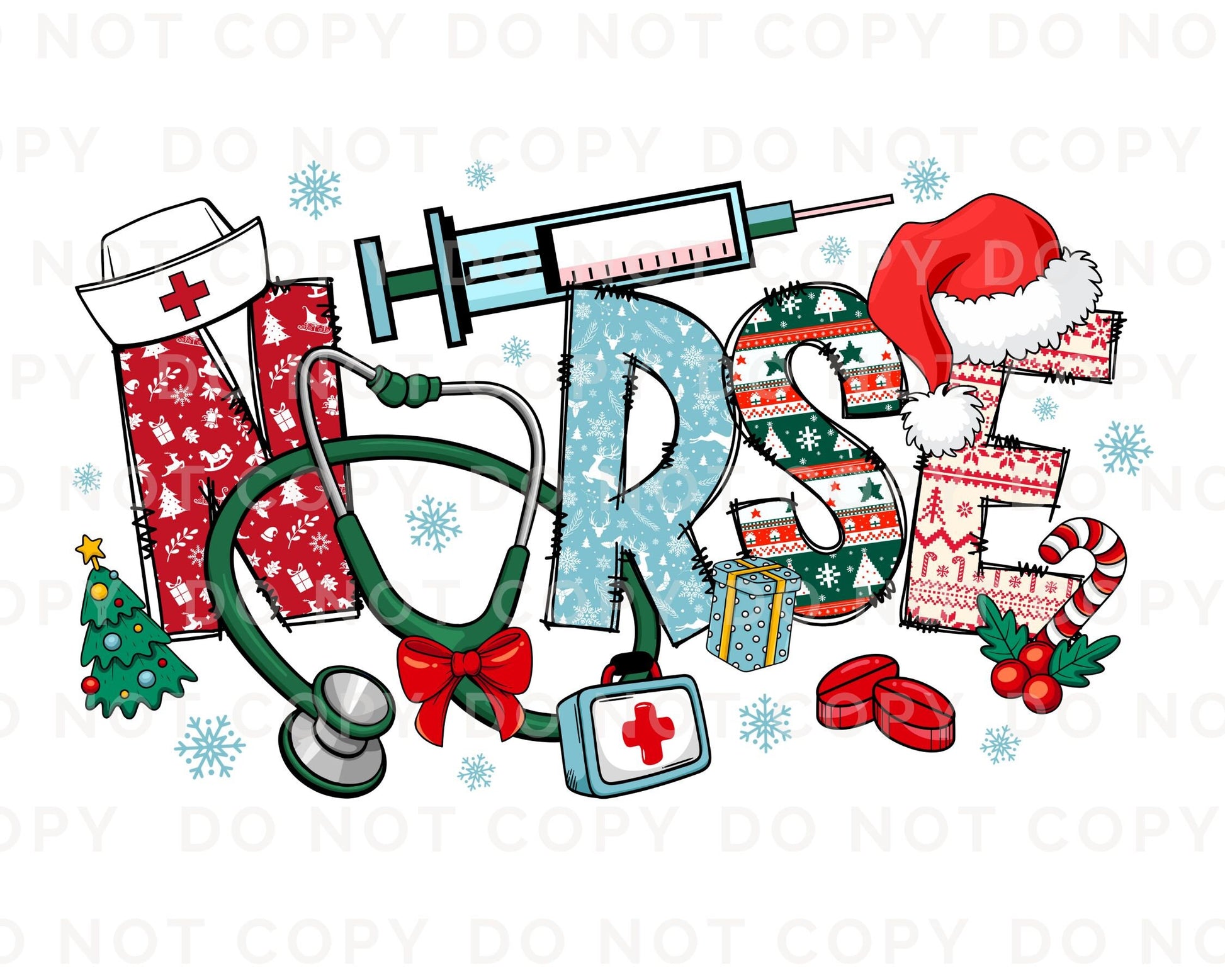 DTF Transfers, Ready to Press, T-shirt Transfers, Heat Transfer, Direct to Film, Hospital, Stethoscope, Holiday, Santa, Christmas, Nurse