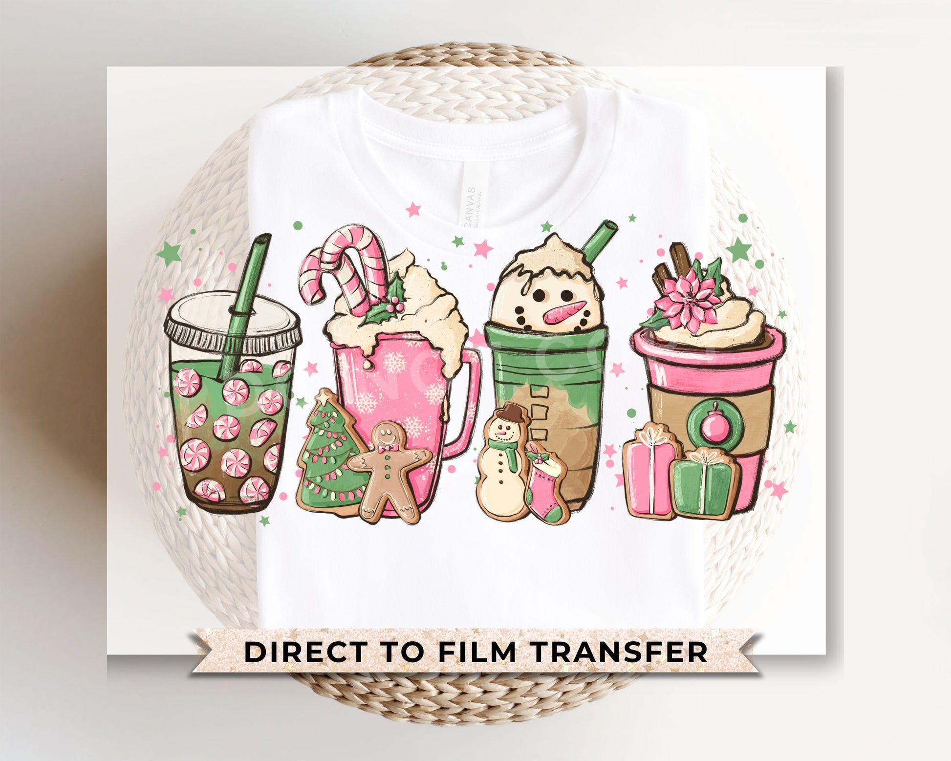 DTF Transfers, Ready to Press, T-shirt Transfers, Heat Transfer, Direct to Film, Holiday, Peppermint, Iced Latte, Pink Christmas Coffees