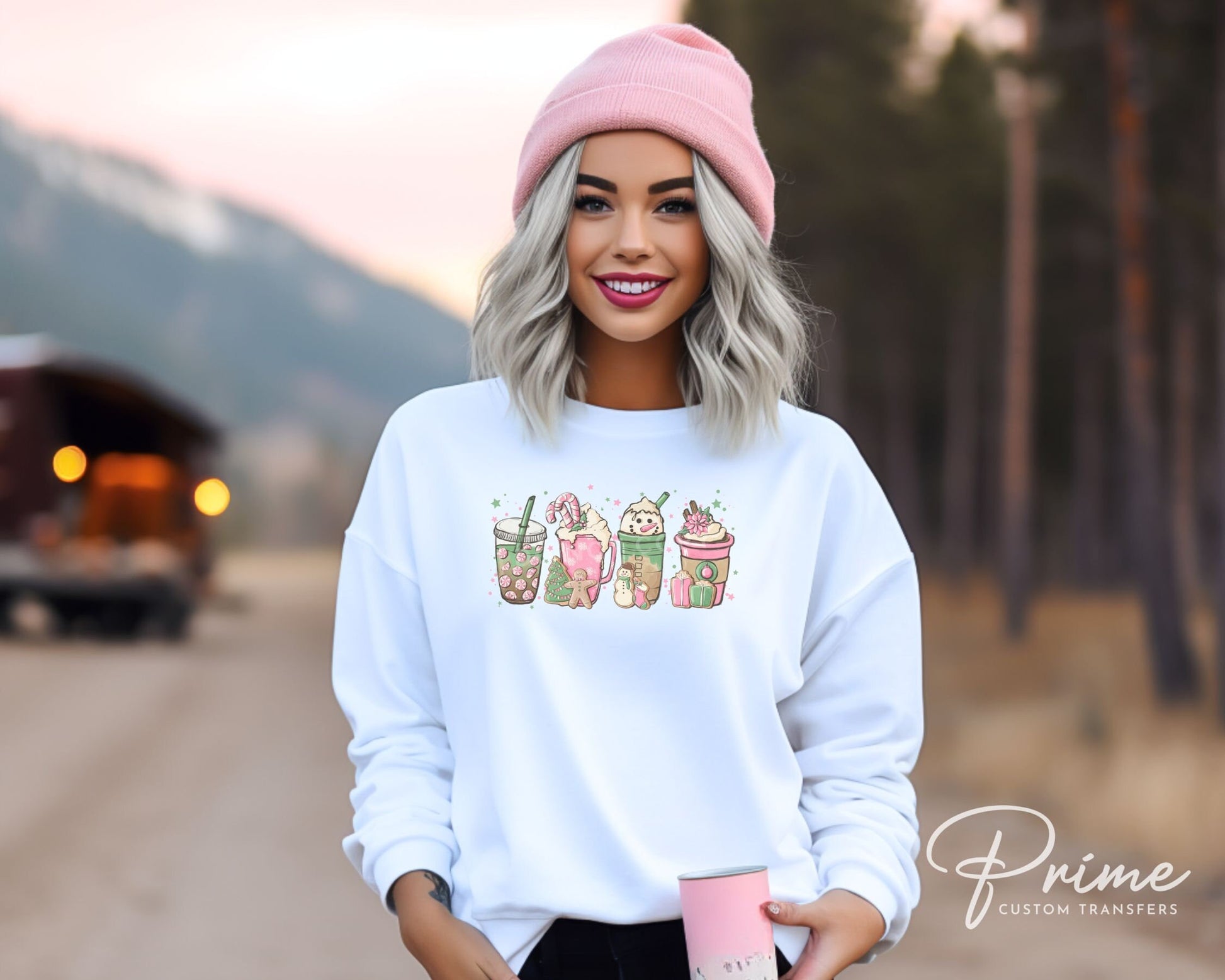 DTF Transfers, Ready to Press, T-shirt Transfers, Heat Transfer, Direct to Film, Holiday, Peppermint, Iced Latte, Pink Christmas Coffees