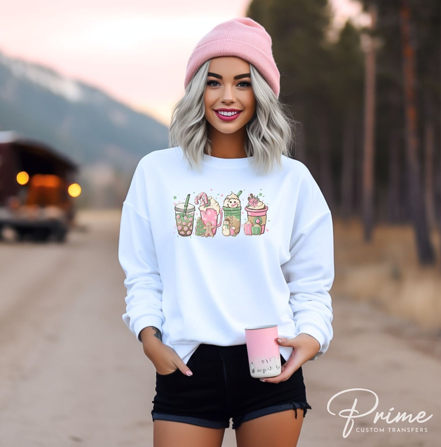 DTF Transfers, Ready to Press, T-shirt Transfers, Heat Transfer, Direct to Film, Holiday, Peppermint, Iced Latte, Pink Christmas Coffees