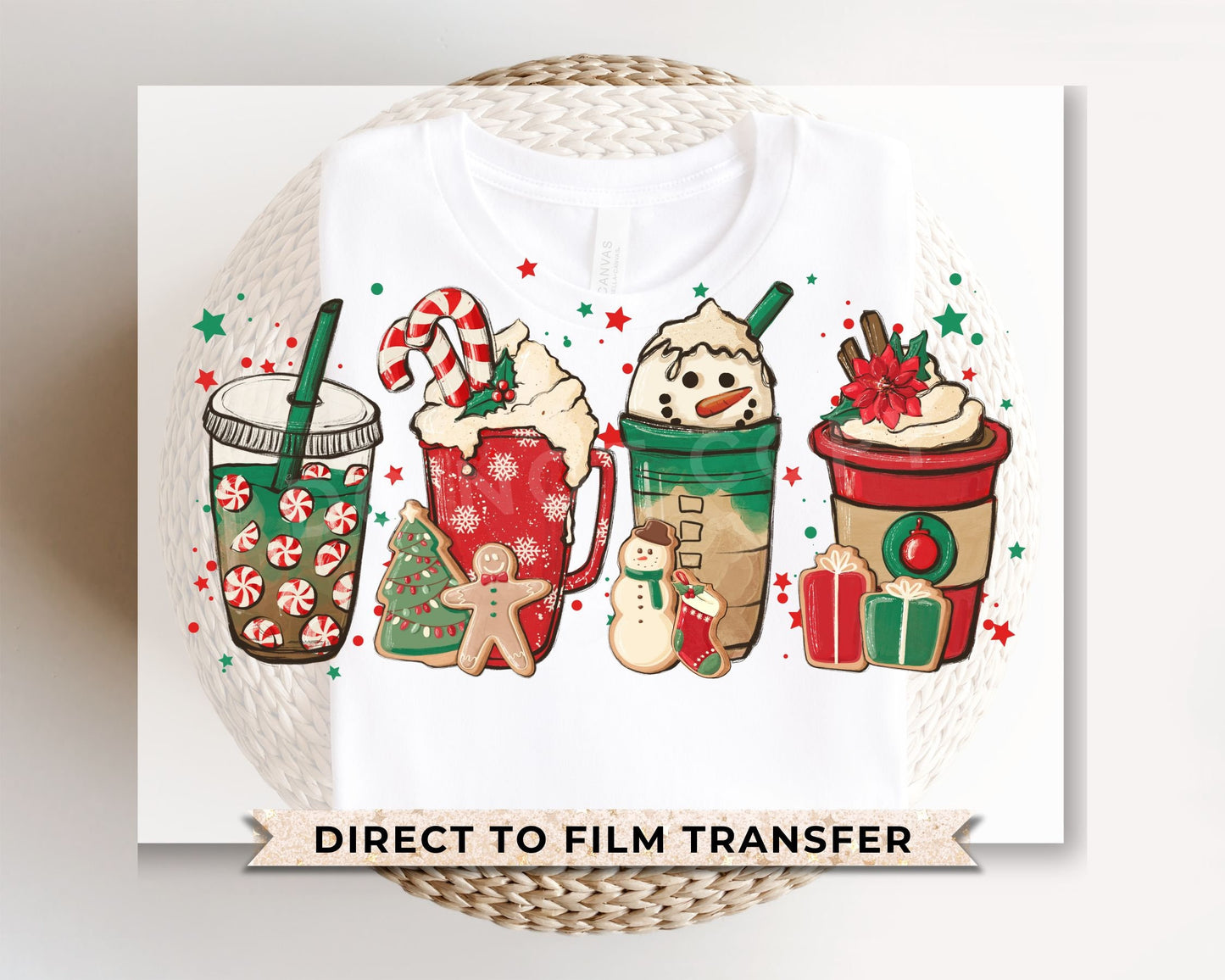 DTF Transfers, Ready to Press, T-shirt Transfers, Heat Transfer, Direct to Film, Holiday, Red Peppermint, Iced Latte, Christmas Coffees