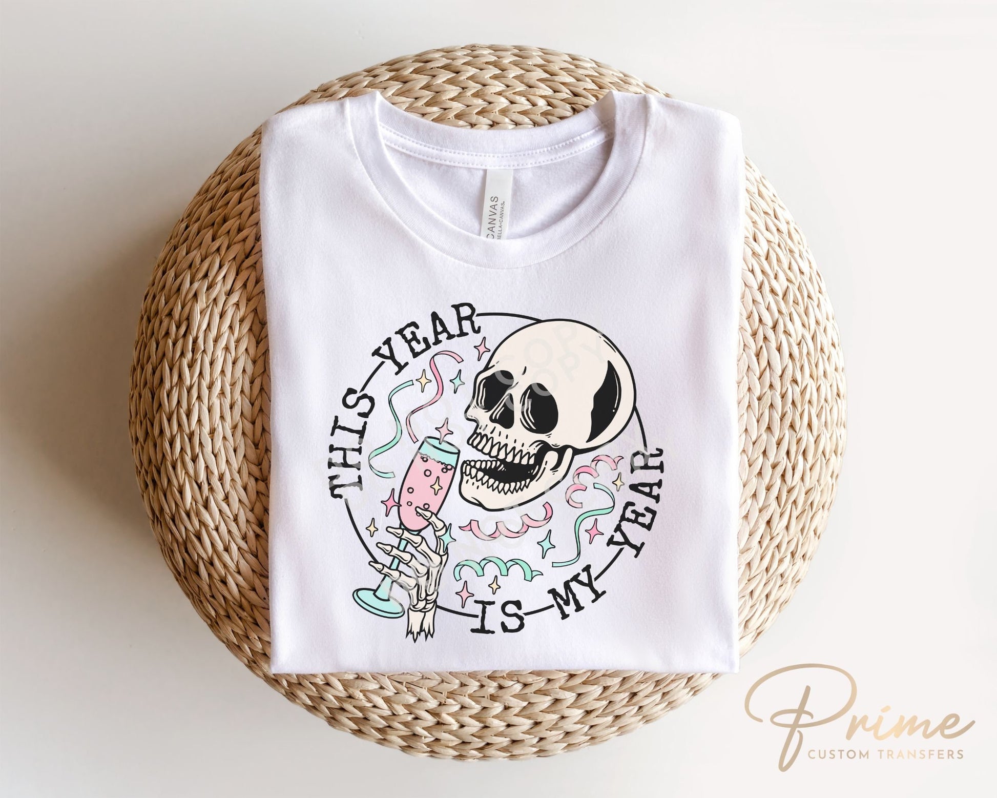 DTF Transfers, Ready to Press, T-shirt Transfers, Heat Transfer, Direct to Film, Holiday, Party, Midnight, Goals, Happy New Year Skeleton