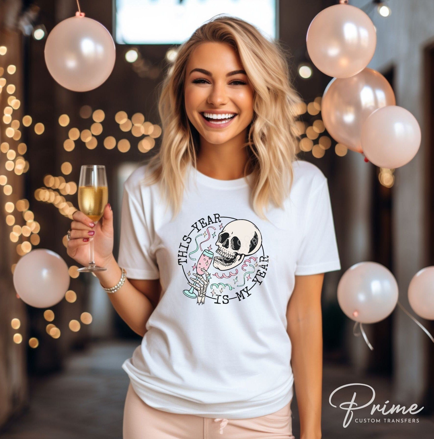 DTF Transfers, Ready to Press, T-shirt Transfers, Heat Transfer, Direct to Film, Holiday, Party, Midnight, Goals, Happy New Year Skeleton