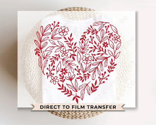 Valentine's Day, DTF Transfers, Ready to Press, T-shirt Transfers, Heat Transfer, Direct to Film, Cold Peel, Love, Romance, Red Floral Heart