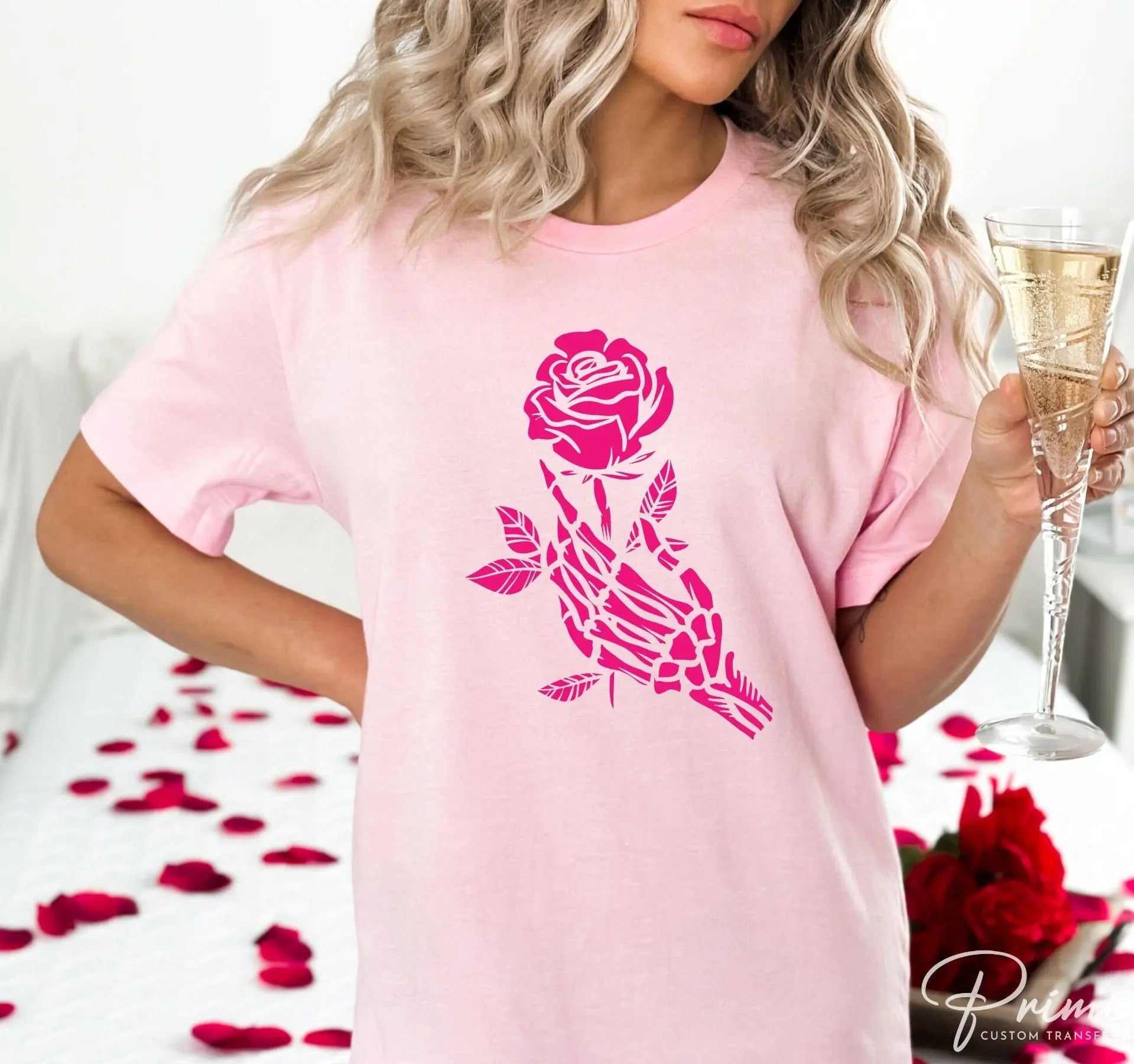 DTF Transfers, Ready to Press, T-shirt Transfers, Heat Transfer, Direct to Film, Valentine's Day, Skeleton, Flower, Skull Hand and Rose