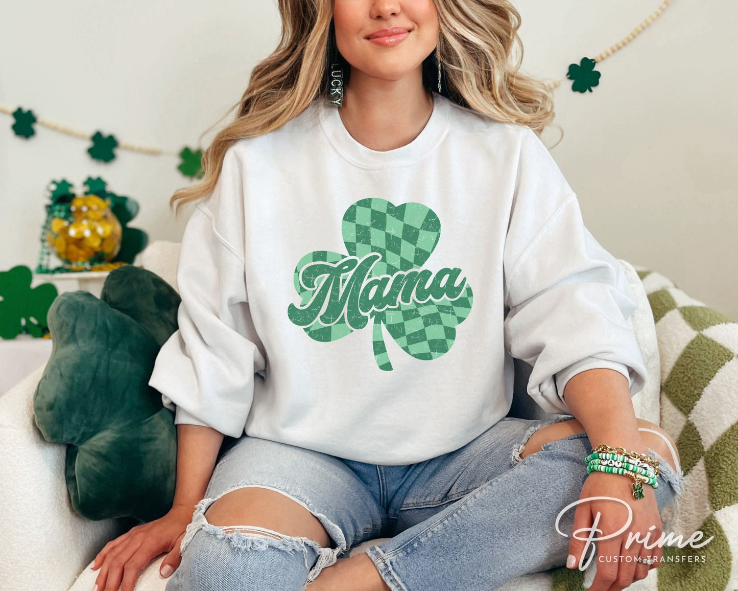 DTF Transfers, Ready to Press, T-shirt Transfers, Heat Transfer, Direct to Film, St Patrick’s Day, Distressed, Mama Checkered Shamrock