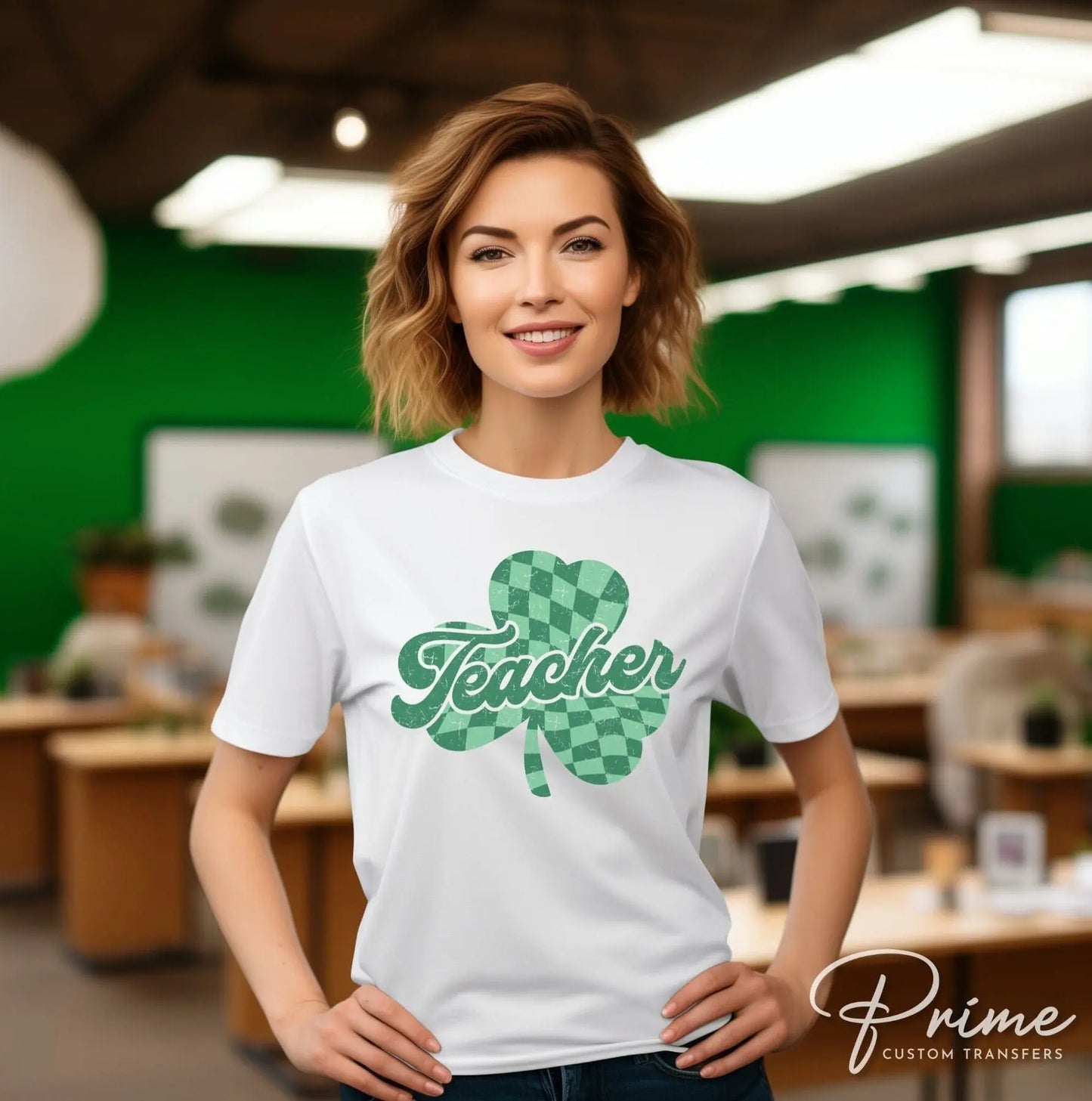 DTF Transfers, Ready to Press, T-shirt Transfers, Heat Transfer, Direct to Film, St Patrick’s Day, Distressed, Teacher Checkered Shamrock
