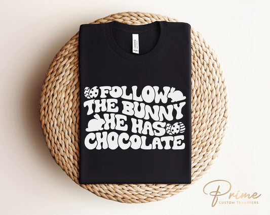 Easter DTF Transfers, Ready to Press, T-shirt Transfers, Heat Transfer, Direct to Film, Spring, Pastel, Follow The Bunny He Has Chocolate