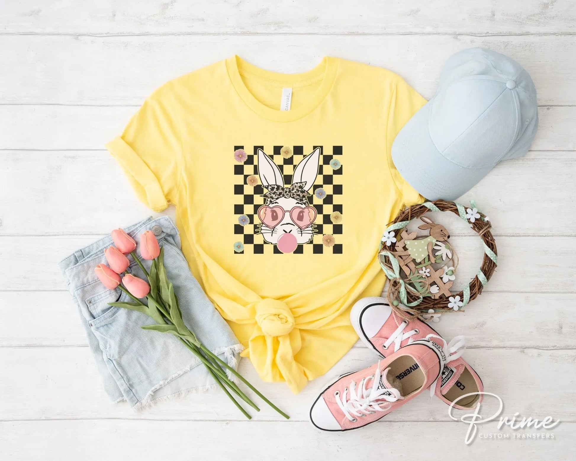 Easter DTF Transfers, Ready to Press, T-shirt Transfers, Heat Transfer, Direct to Film, Spring, Bubblegum, Glasses, Checkered, Cute Bunny