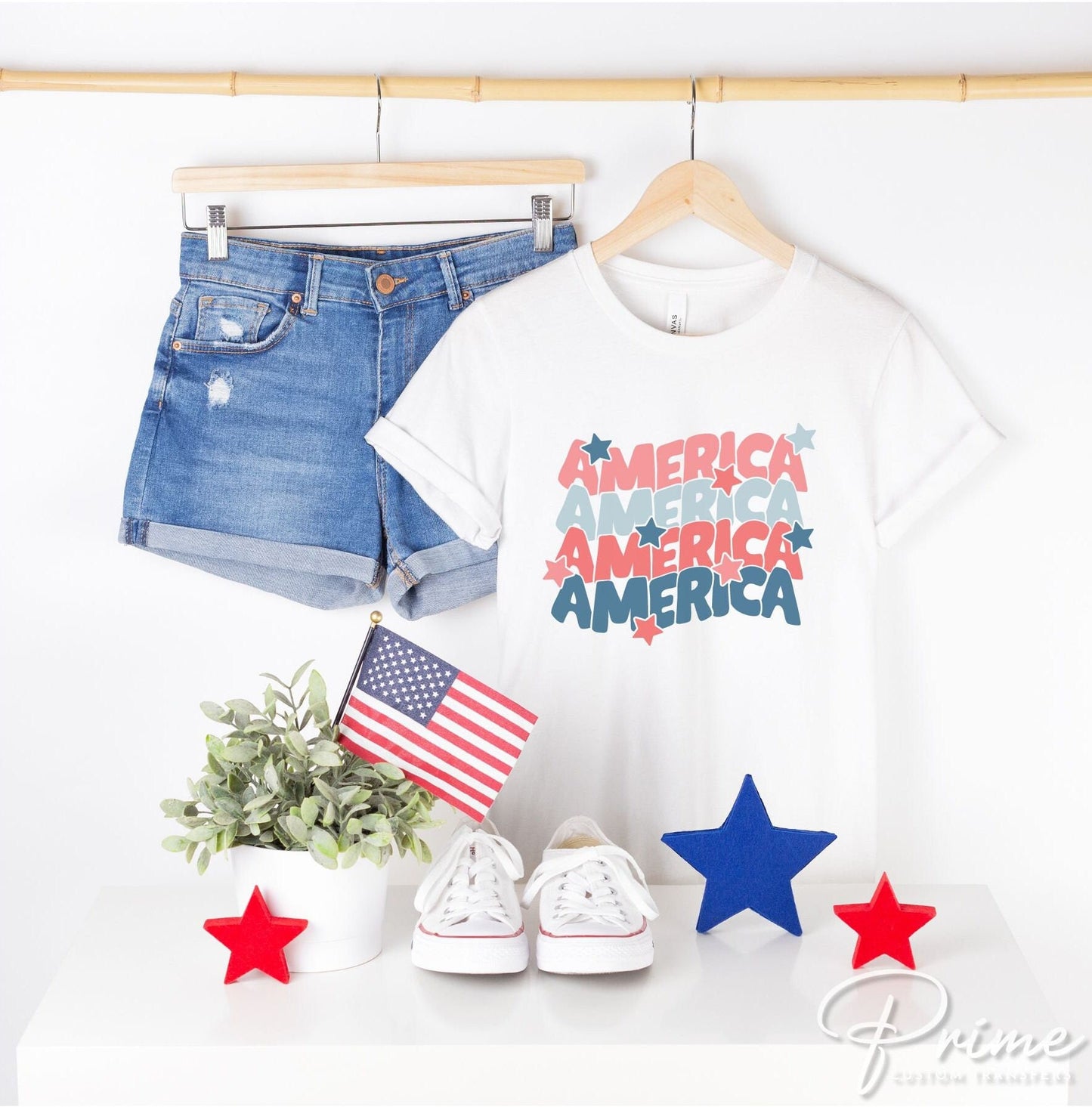 4th of July DTF Transfers, Ready to Press, T-shirt Transfers, Heat Transfer, Direct to Film, USA, Holiday, Stars, Stacked America