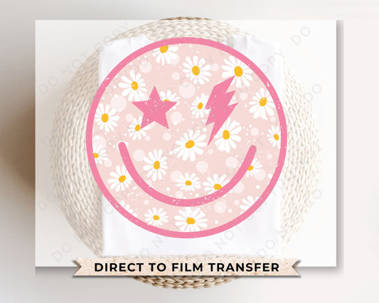 DTF Transfers, Ready to Press, T-shirt Transfers, Heat Transfer, Direct to Film, Spring, Lightening Bolt, Retro Pink Floral Happy Face