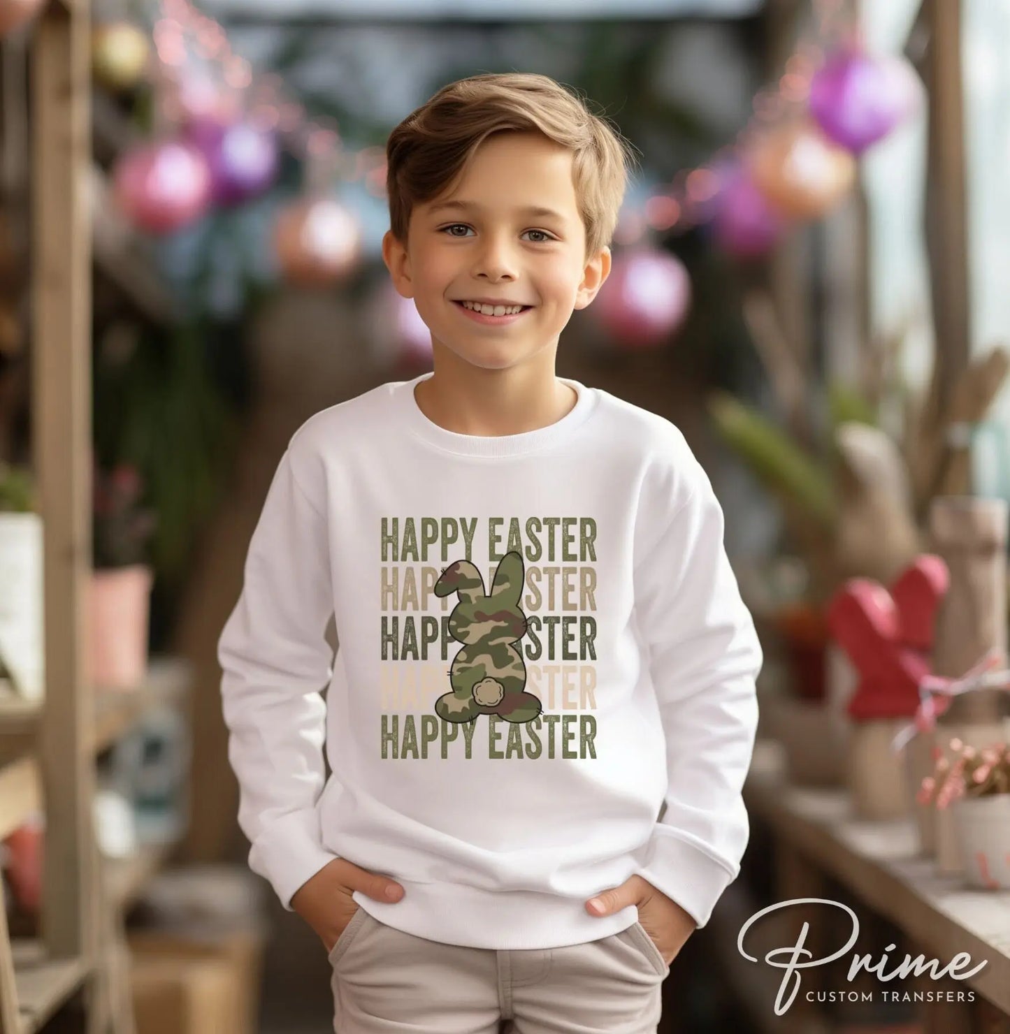 Easter DTF Transfers, Ready to Press, T-shirt Transfers, Heat Transfer, Direct to Film, Sunday, Boy Bunny, Stacked Happy Easter Camo