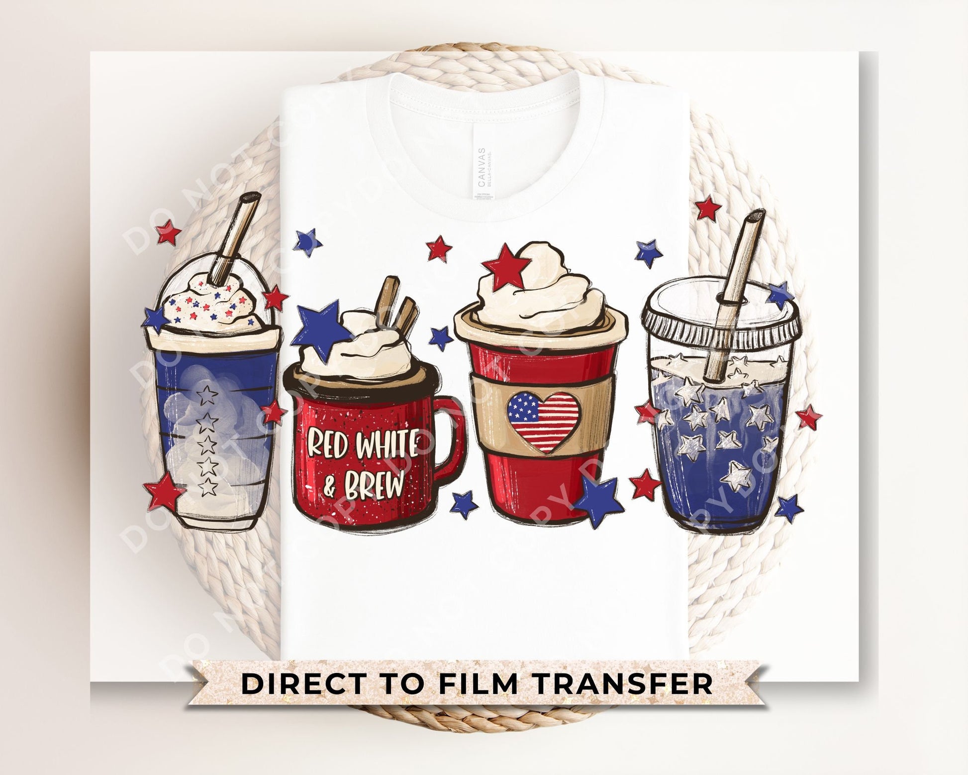 4th of July DTF Transfers, Ready to Press, T-shirt Transfers, Heat Transfer, Direct to Film, USA, Holiday, Independence, Iced Coffee, Latte