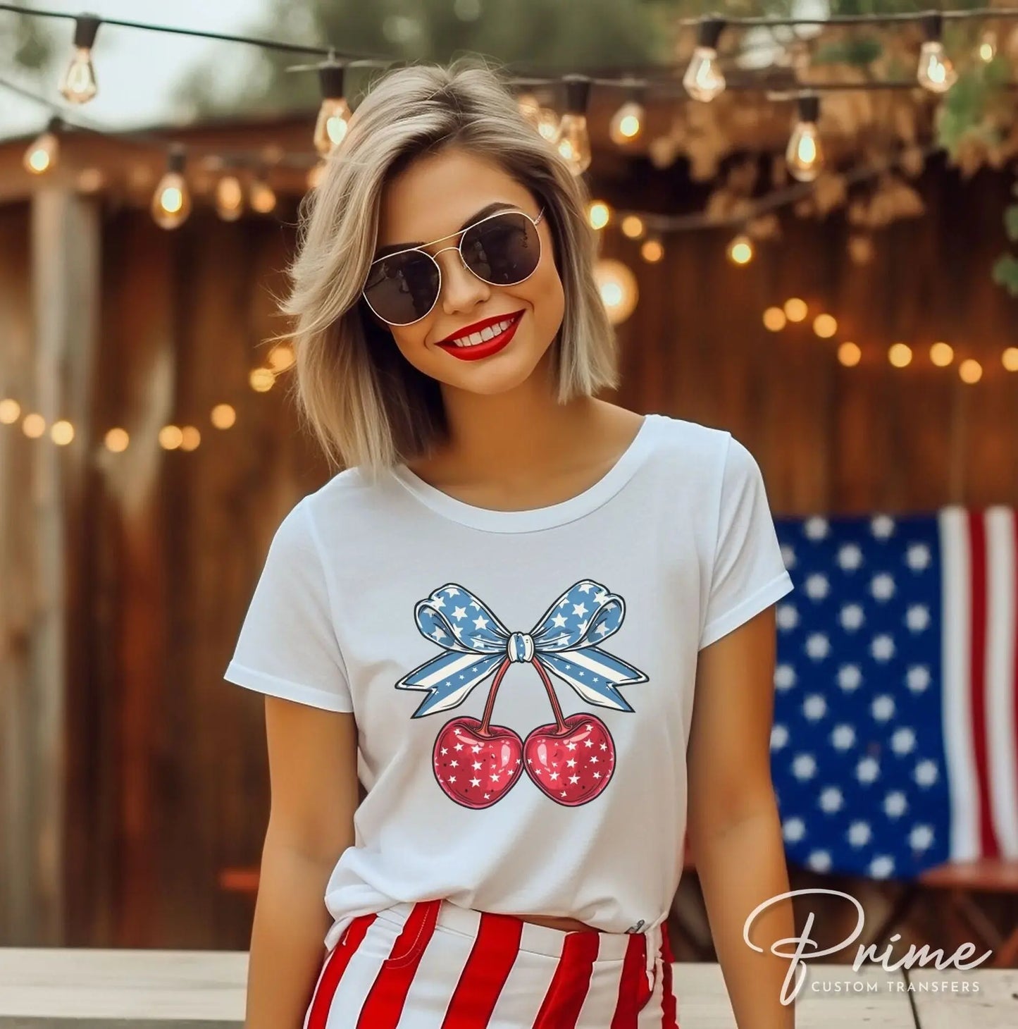 4th of July DTF Transfers, Ready to Press, T-shirt Transfers, Heat Transfer, Direct to Film, USA, Holiday, Independence, Cherry Coquette Bow