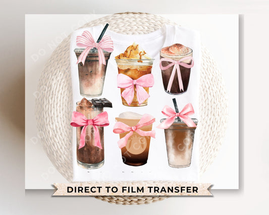 Coffee DTF Transfers, Ready to Press, T-shirt Transfers, Heat Transfer, Direct to Film, Cold Peel, Coquette, Pink, Iced Coffee and Bows