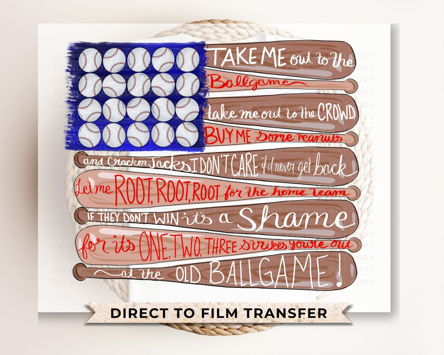 Baseball DTF Transfers, Ready to Press, T-shirt Transfers, Heat Transfer, Direct to Film, Sports, Baseball, Bat, American Flag, Song