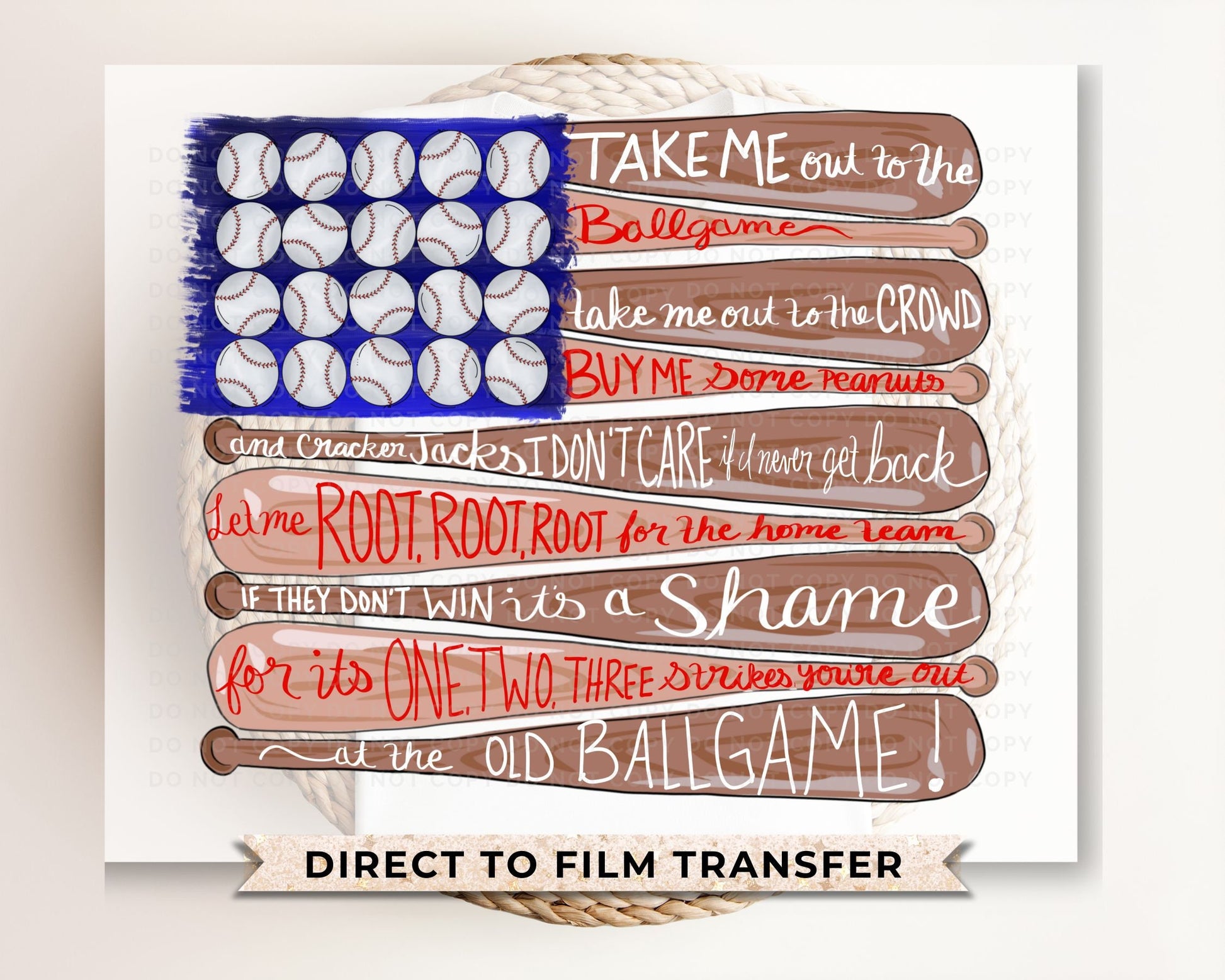 Baseball DTF Transfers, Ready to Press, T-shirt Transfers, Heat Transfer, Direct to Film, Sports, Baseball, Bat, American Flag, Song