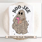 A cold peel direct to film transfer with a leopard patterned ghost holding a tumbler with the words boo-jee above it