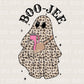 A cold peel direct to film transfer with a leopard patterned ghost holding a tumbler with the words boo-jee above it