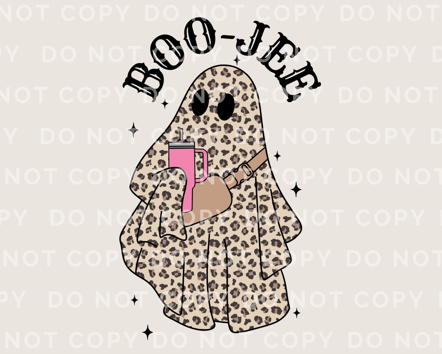 A cold peel direct to film transfer with a leopard patterned ghost holding a tumbler with the words boo-jee above it