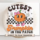 A cold peel direct to film transfer of a cute retro girl pumpkin with the words &quot;Cutest Pumpkin in The Patch&quot; in a curvy font.