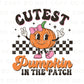 A cold peel direct to film transfer of a cute retro girl pumpkin with the words &quot;Cutest Pumpkin in The Patch&quot; in a curvy font.