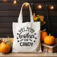A cold peel halloween direct to film transfer with the saying "Will Trade Brother For Candy" in black or white writing.