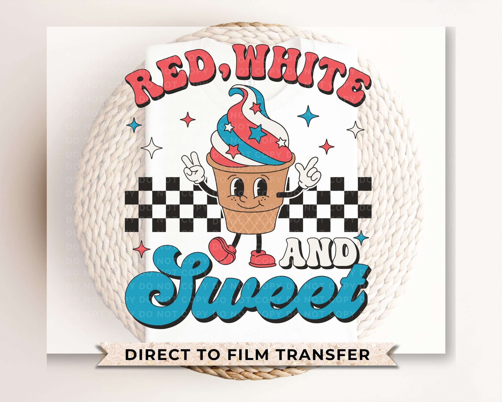 4th of July DTF Transfers, Ready to Press, T-shirt Transfers, Heat Transfer, Direct to Film, Fourth, Holiday, USA, Retro Ice Cream Cone